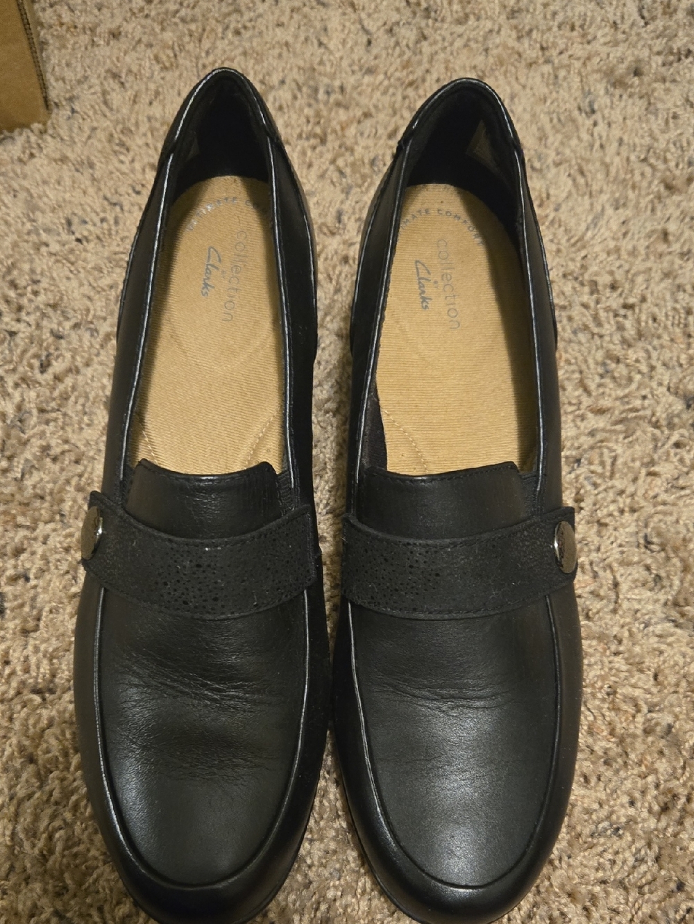 Clarks Black Leather Penny Loafers with Button Accent